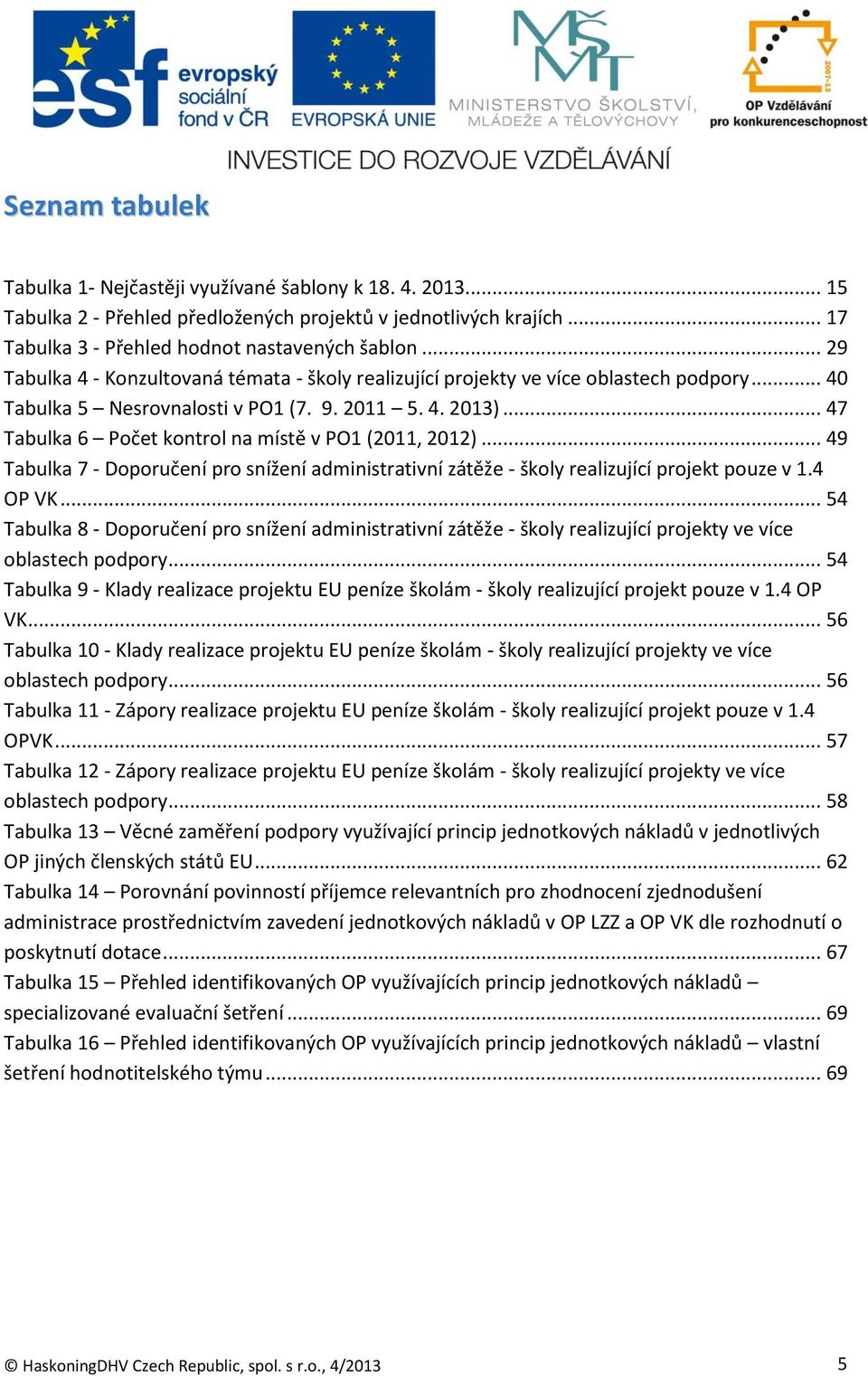 .. 47 Tabulka 6 Počet kontrol na místě v PO1 (2011, 2012)... 49 Tabulka 7 - Doporučení pro snížení administrativní zátěže - školy realizující projekt pouze v 1.4 OP VK.