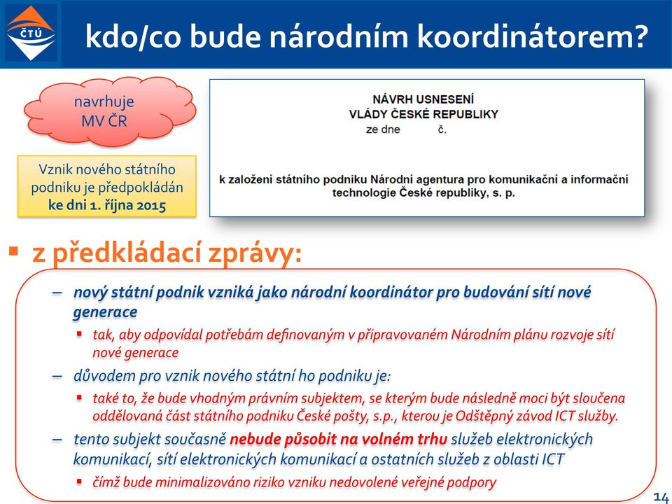 rozvoje sítí nové generace důvodem pro vznik nového státní ho podniku je: také to, že bude vhodným právním subjektem, se kterým bude následně moci být sloučena oddělovaná část státního