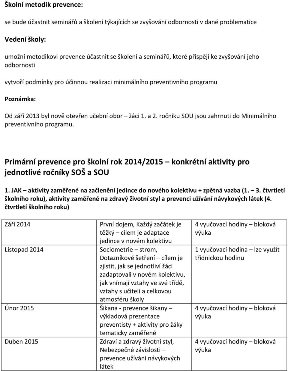 ročníku SOU jsou zahrnuti do Minimálního preventivního programu. Primární prevence pro školní rok 2014/2015 konkrétní aktivity pro jednotlivé ročníky SOŠ a SOU 1.