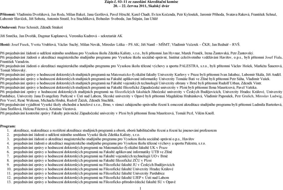Sehnal, Lubomír Slavíček, Jiří Sobota, Antonín Stratil, Iva Stuchlíková, Bohuslav Svoboda, Jan Štěpán, Jan Uhlíř Omluveni: Peter Schmidt, Zdeněk Strakoš Jiří Smrčka, Jan Dvořák, Dagmar Kaplanová,