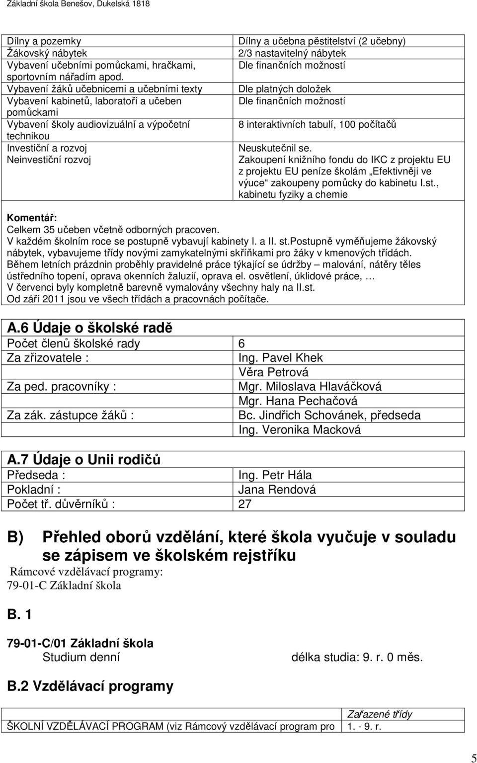 pěstitelství (2 učebny) 2/3 nastavitelný nábytek Dle finančních možností Dle platných doložek Dle finančních možností 8 interaktivních tabulí, 100 počítačů Neuskutečnil se.