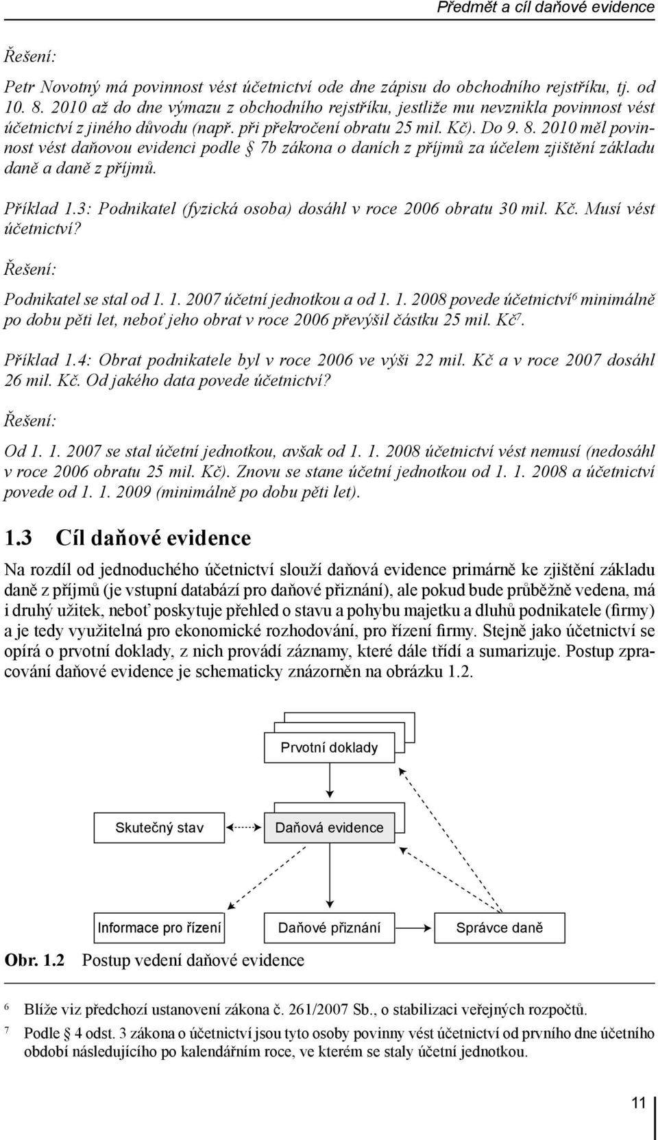 2010 měl povinnost vést daňovou evidenci podle 7b zákona o daních z příjmů za účelem zjištění základu daně a daně z příjmů. Příklad 1.3: Podnikatel (fyzická osoba) dosáhl v roce 2006 obratu 30 mil.