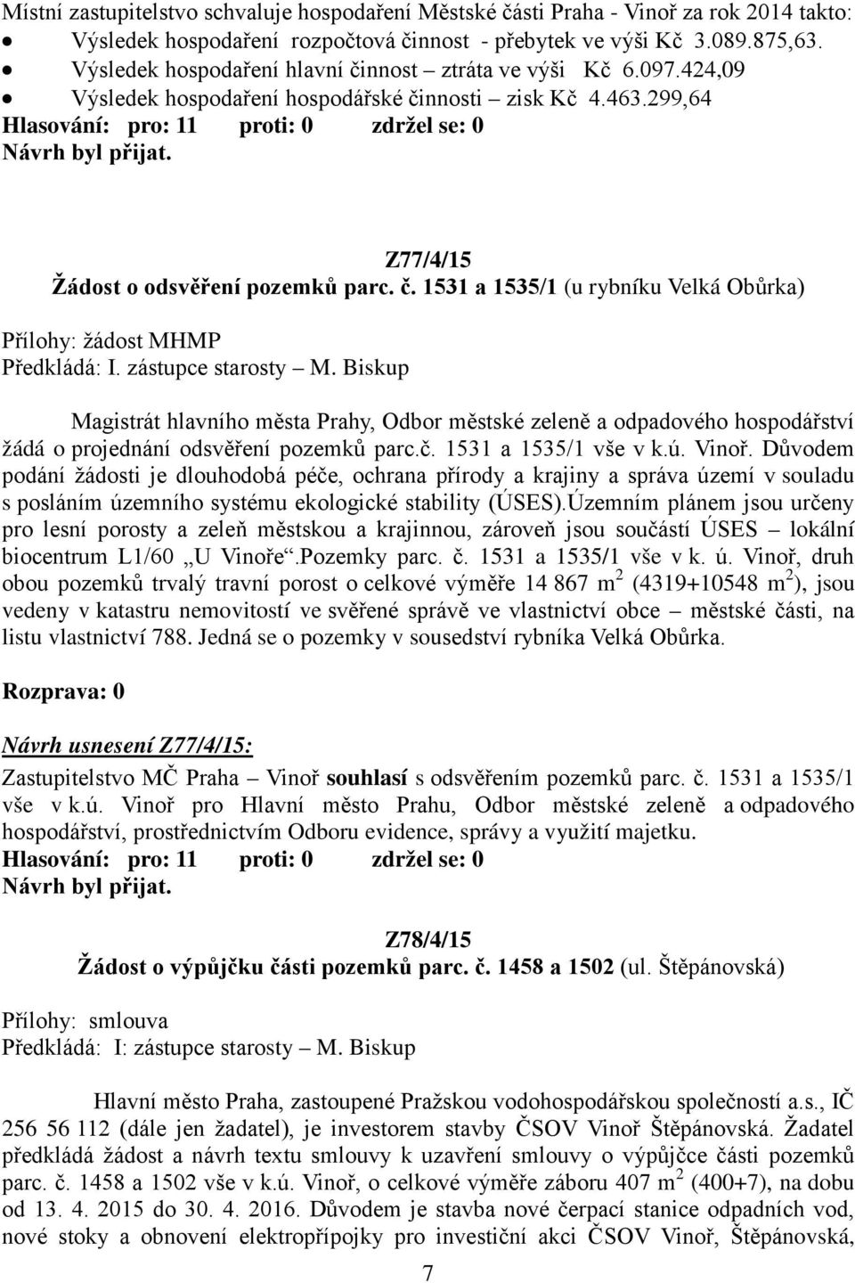 zástupce starosty M. Biskup Magistrát hlavního města Prahy, Odbor městské zeleně a odpadového hospodářství žádá o projednání odsvěření pozemků parc.č. 1531 a 1535/1 vše v k.ú. Vinoř.