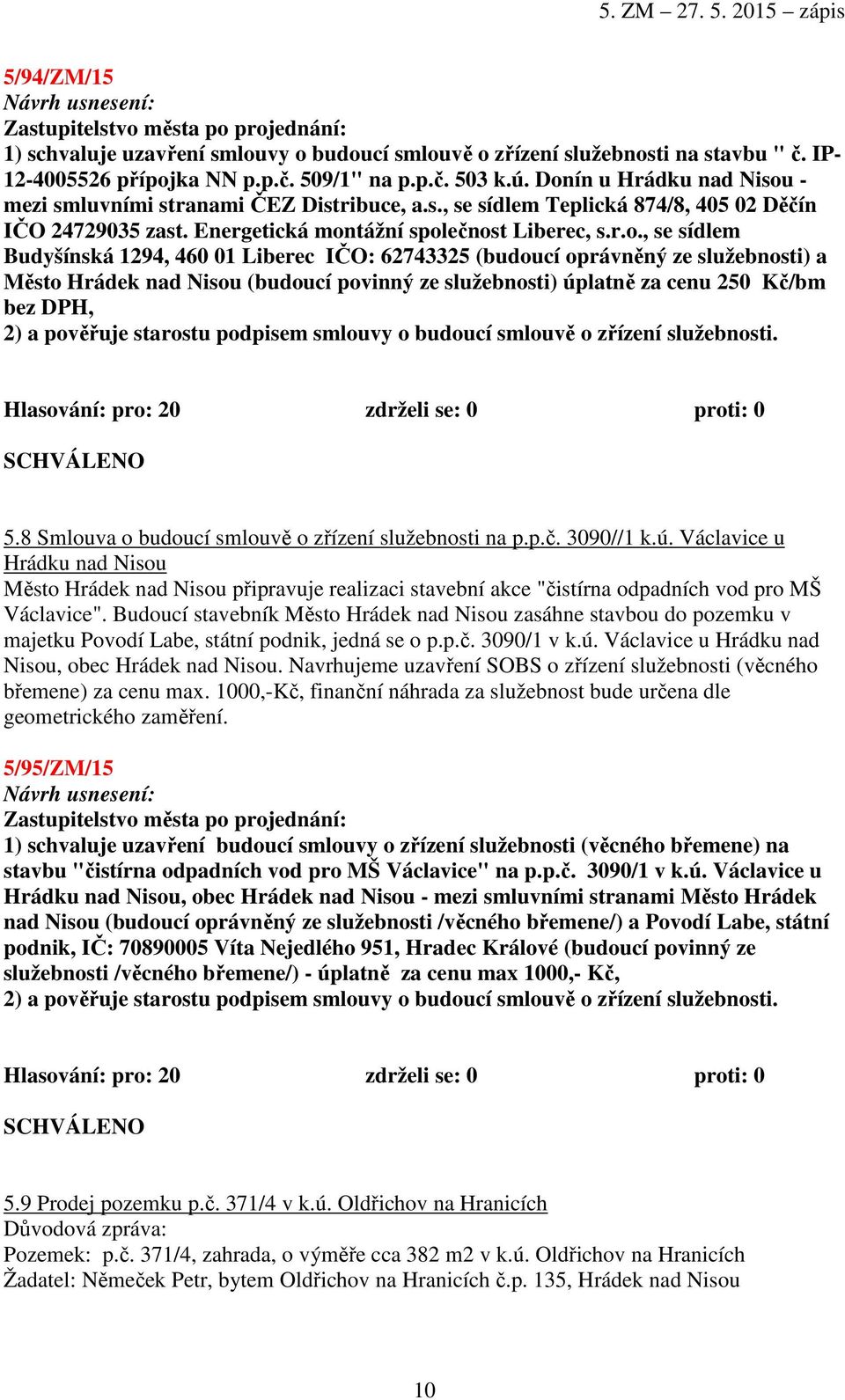 Budyšínská 1294, 460 01 Liberec IČO: 62743325 (budoucí oprávněný ze služebnosti) a Město Hrádek nad Nisou (budoucí povinný ze služebnosti) úplatně za cenu 250 Kč/bm bez DPH, 2) a pověřuje starostu