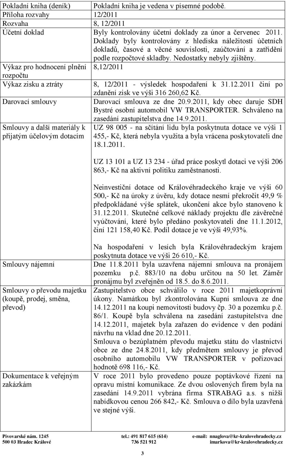 Výkaz pro hodnocení plnění 8,12/2011 rozpočtu Výkaz zisku a ztráty 8, 12/2011 - výsledek hospodaření k 31.12.2011 činí po zdanění zisk ve výši 316 260,62 Kč.