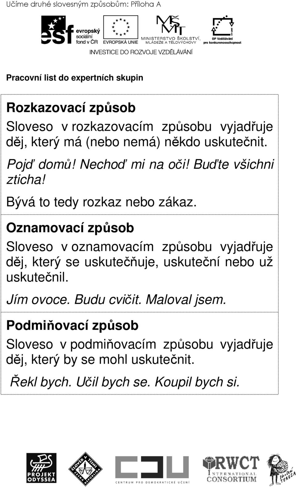 Oznamovací způsob Sloveso v oznamovacím způsobu vyjadřuje děj, který se uskutečňuje, uskuteční nebo už uskutečnil. Jím ovoce.