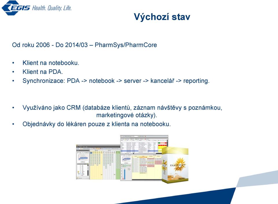 Synchronizace: PDA -> notebook -> server -> kancelář -> reporting.