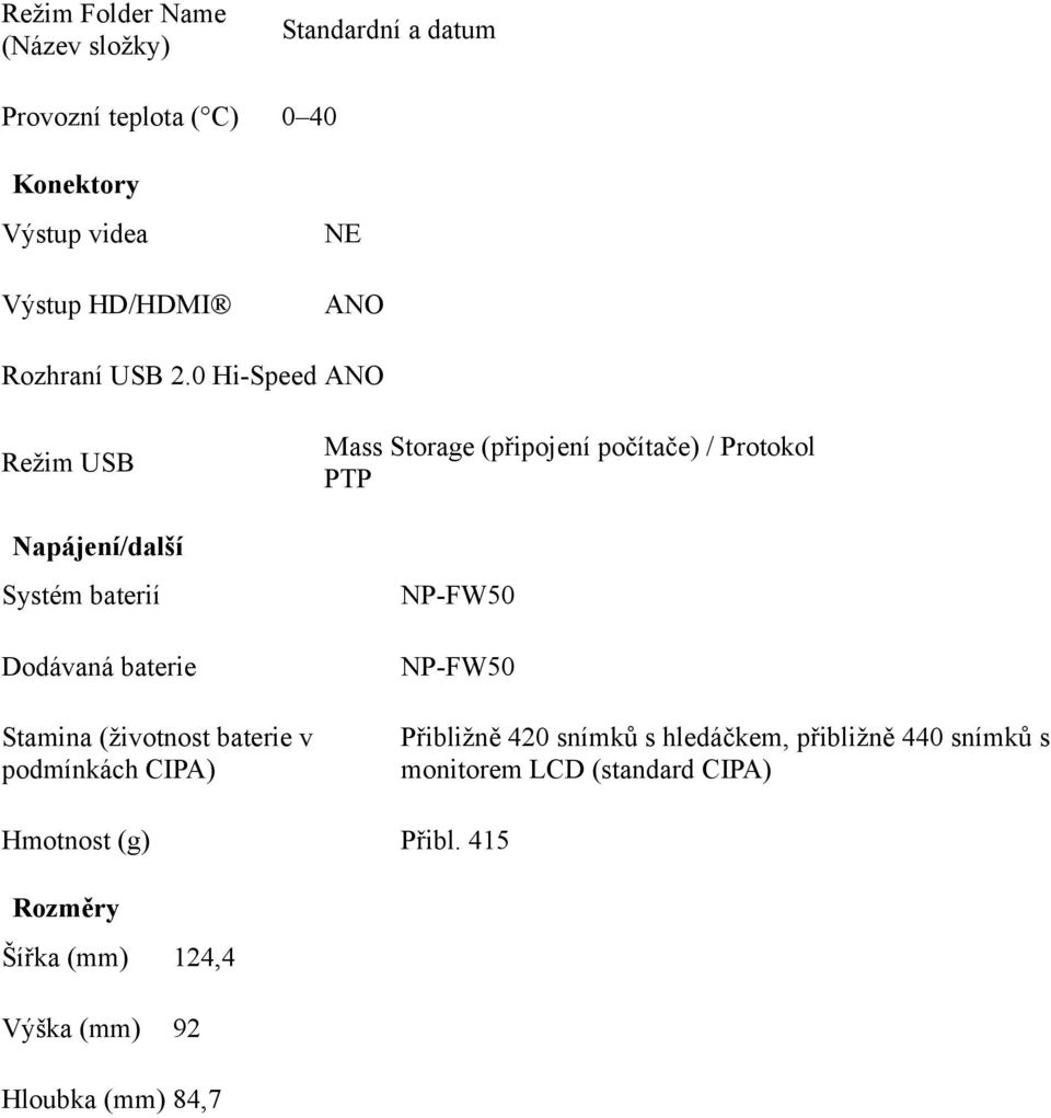 0 Hi-Speed Režim USB Napájení/další Systém baterií Dodávaná baterie Stamina (životnost baterie v podmínkách CIPA) Mass