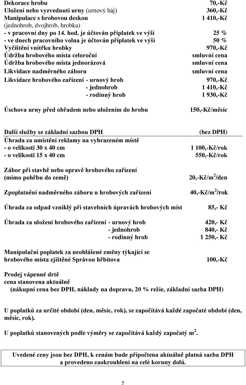 hrobu 150,-Kč/měsíc Další služby se základní sazbou DPH Úhrada za umístění reklamy na vyhrazeném místě - o velikosti 30 x 40 cm 1 /rok - o velikosti 15 x 40 cm 550,-Kč/rok Zábor při stavbě nebo
