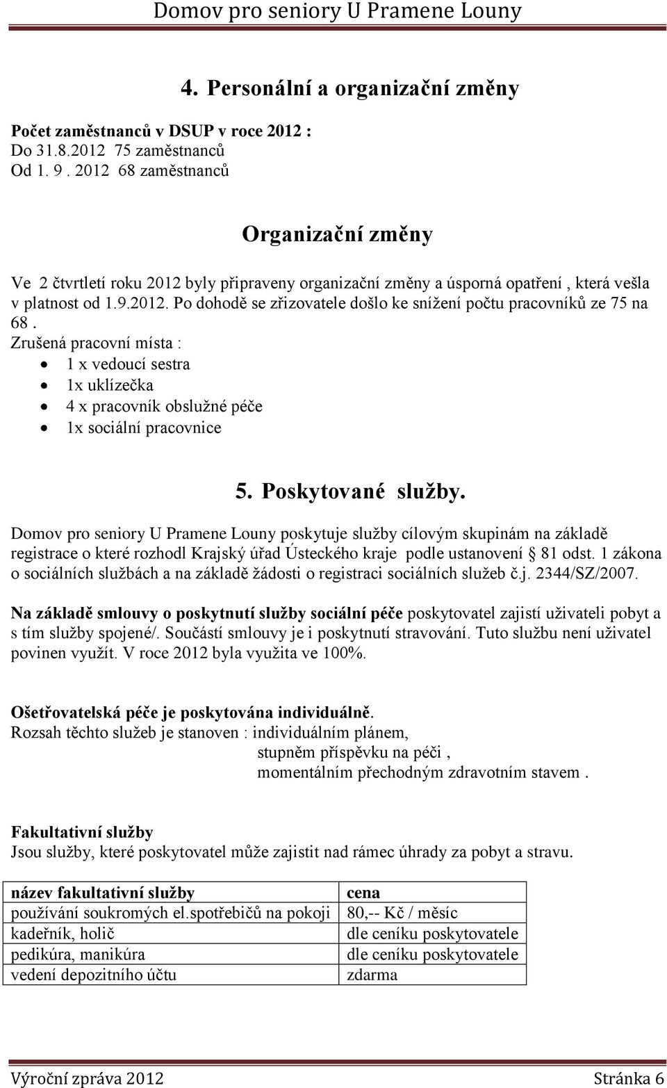 Zrušená pracovní místa : 1 x vedoucí sestra 1x uklízečka 4 x pracovník obslužné péče 1x sociální pracovnice 5. Poskytované služby.