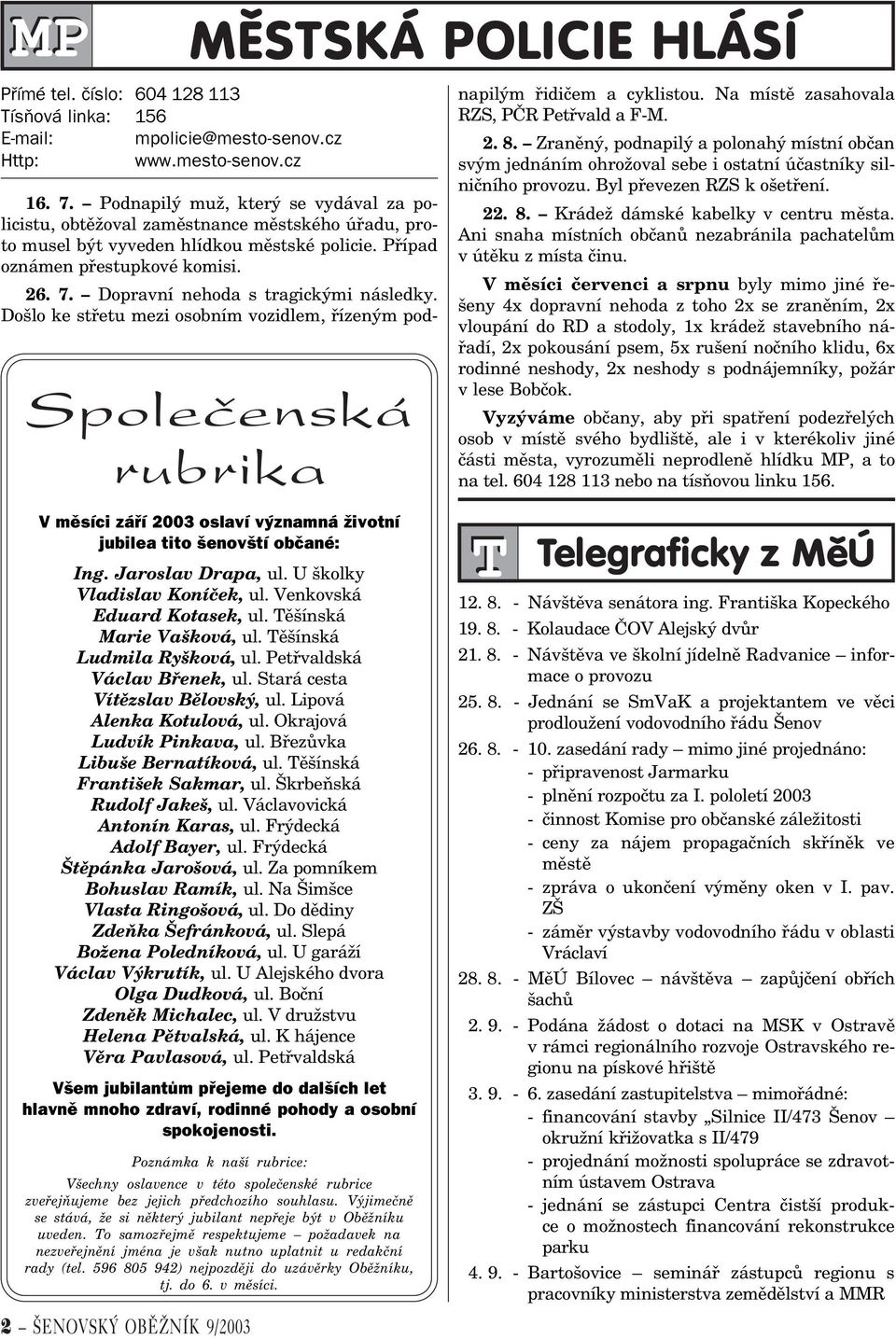 U školky Vladislav Koníèek, ul. Venkovská Eduard Kotasek, ul. Tìšínská Marie Vašková, ul. Tìšínská Ludmila Ryšková, ul. Petøvaldská Václav Bøenek, ul. Stará cesta Vítìzslav Bìlovský, ul.