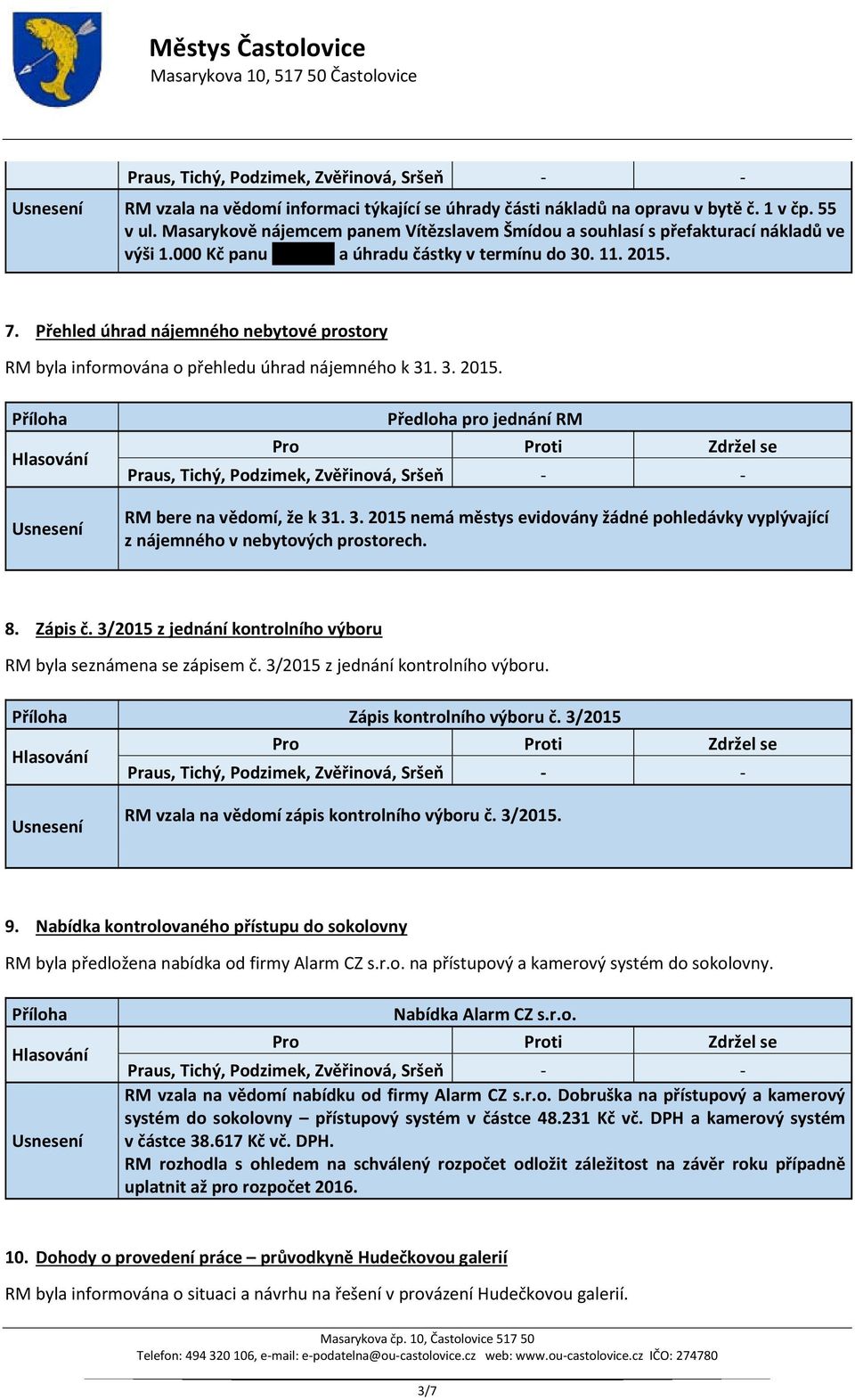 3. 2015 nemá městys evidovány žádné pohledávky vyplývající z nájemného v nebytových prostorech. 8. Zápis č. 3/2015 z jednání kontrolního výboru RM byla seznámena se zápisem č.