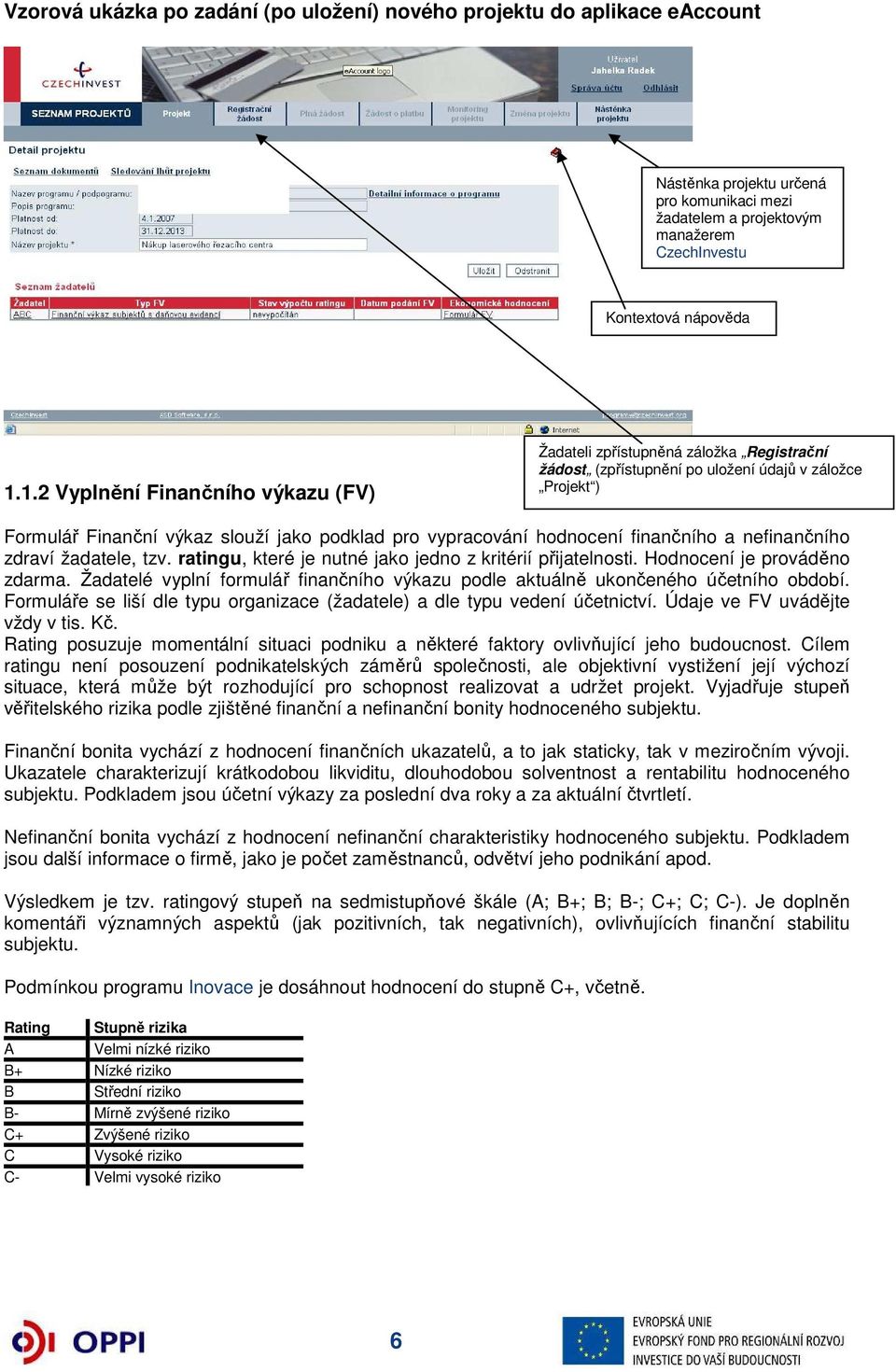 hodnocení finančního a nefinančního zdraví žadatele, tzv. ratingu, které je nutné jako jedno z kritérií přijatelnosti. Hodnocení je prováděno zdarma.