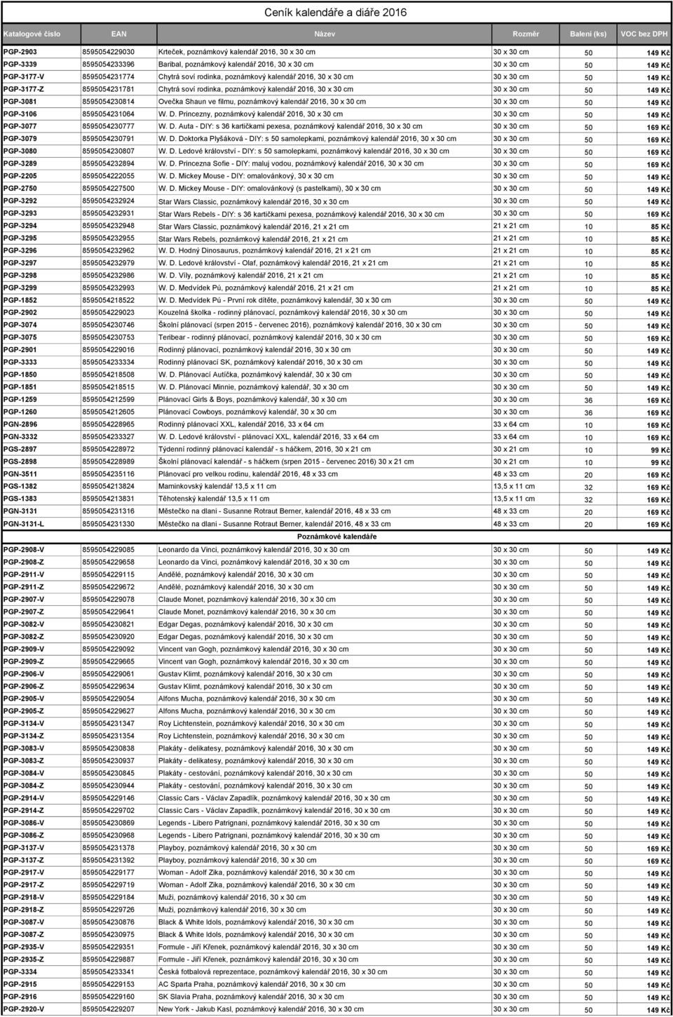 PGP-3081 8595054230814 Ovečka Shaun ve filmu, poznámkový kalendář 2016, 30 x 30 cm 30 x 30 cm 50 149 Kč PGP-3106 8595054231064 W. D.