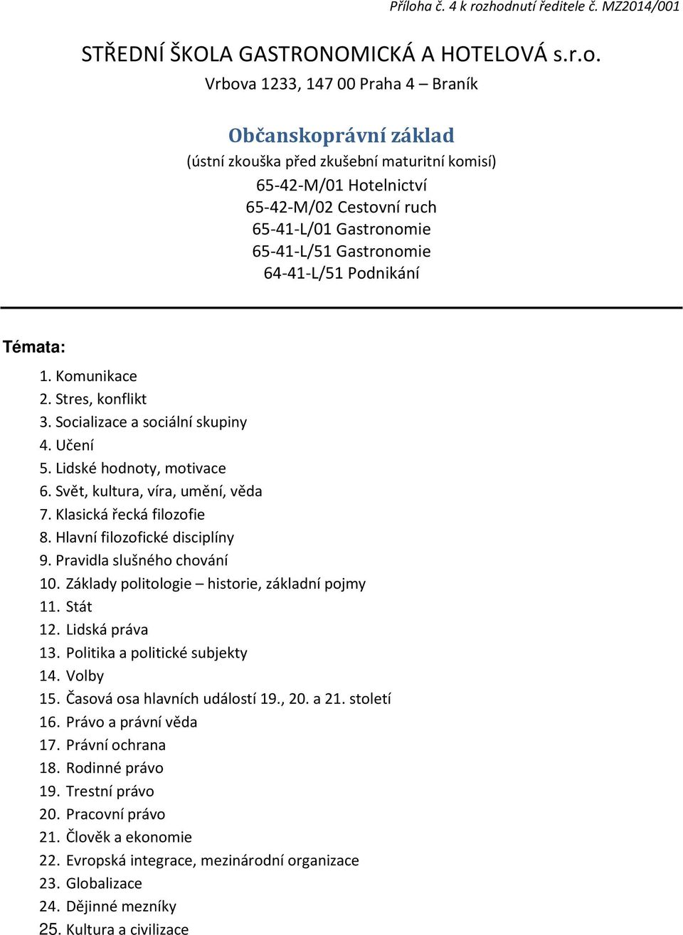 Témata: 1. Komunikace 2. Stres, konflikt 3. Socializace a sociální skupiny 4. Učení 5. Lidské hodnoty, motivace 6. Svět, kultura, víra, umění, věda 7. Klasická řecká filozofie 8.