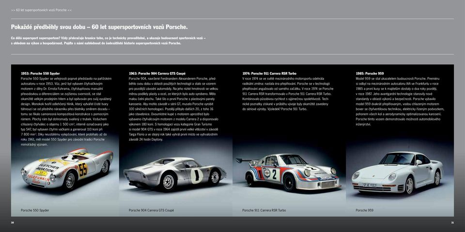 Pojďte s námi nahlédnout do šedesátileté historie supersportovních vozů Porsche. 1953: Porsche 550 Spyder Porsche 550 Spyder se veřejnosti poprvé představilo na pařížském autosalonu v roce 1953.