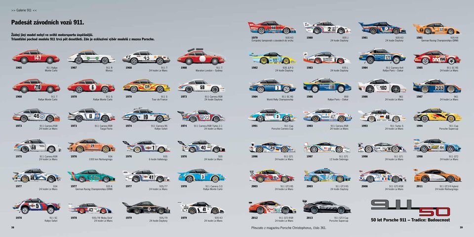 911 T 1968 911 T Maraton London Sydney 1982 935 JLP-3 24 hodin Daytony 1983 935 L 24 hodin Daytony 1984 911 Carrera 4x4 Rallye Paris Dakar 1985 911 SC RS 1968 911 T Rallye Monte Carlo 1970 911 S