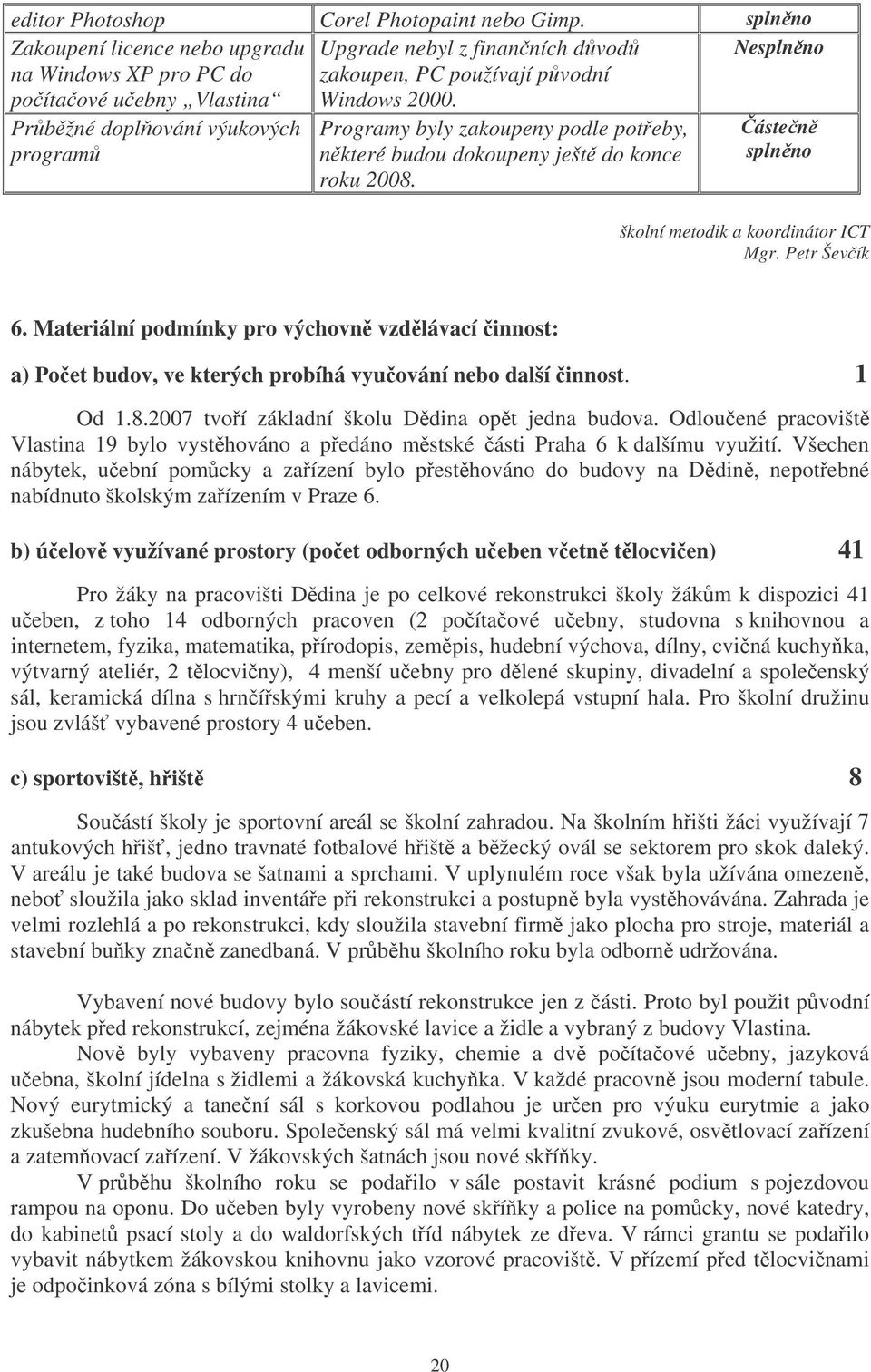 Prbžné doplování výukových program Programy byly zakoupeny podle poteby, nkteré budou dokoupeny ješt do konce roku 2008. ásten splnno školní metodik a koordinátor ICT Mgr. Petr Ševík 6.