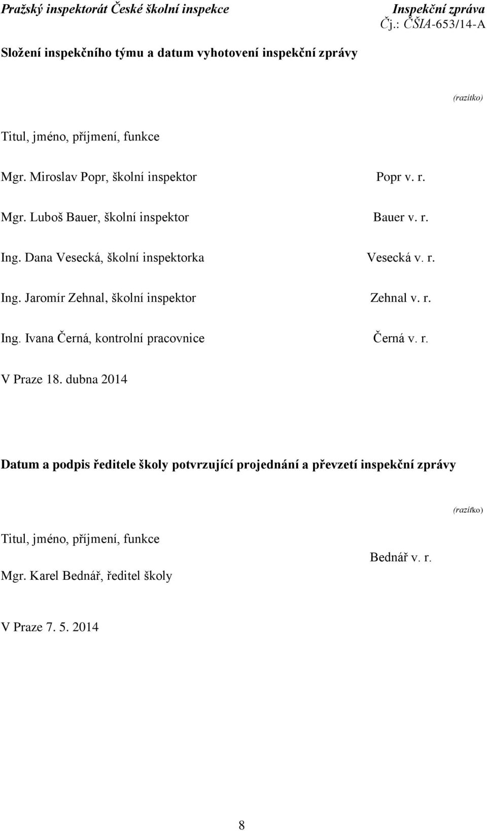 r. Ing. Ivana Černá, kontrolní pracovnice Černá v. r. V Praze 18.