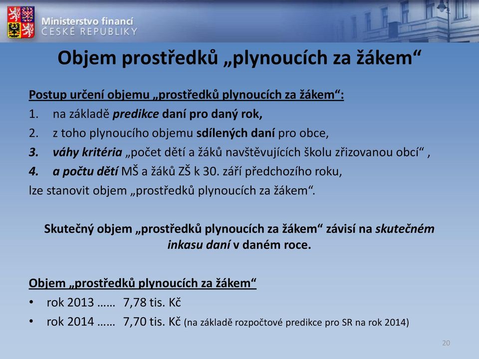 a počtu dětí MŠ a žáků ZŠ k 30. září předchozího roku, lze stanovit objem prostředků plynoucích za žákem.