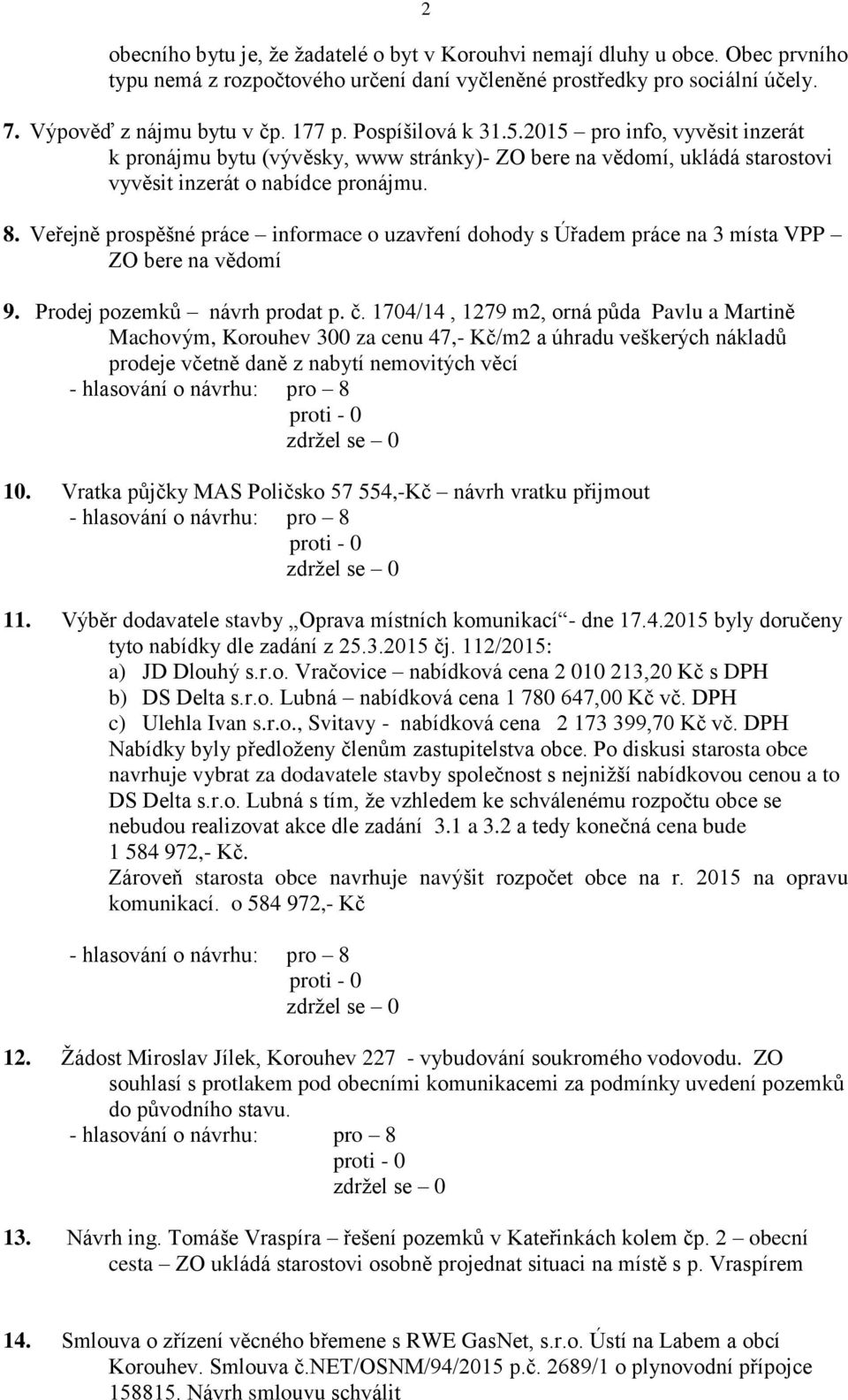 Veřejně prospěšné práce informace o uzavření dohody s Úřadem práce na 3 místa VPP ZO bere na vědomí 9. Prodej pozemků návrh prodat p. č.