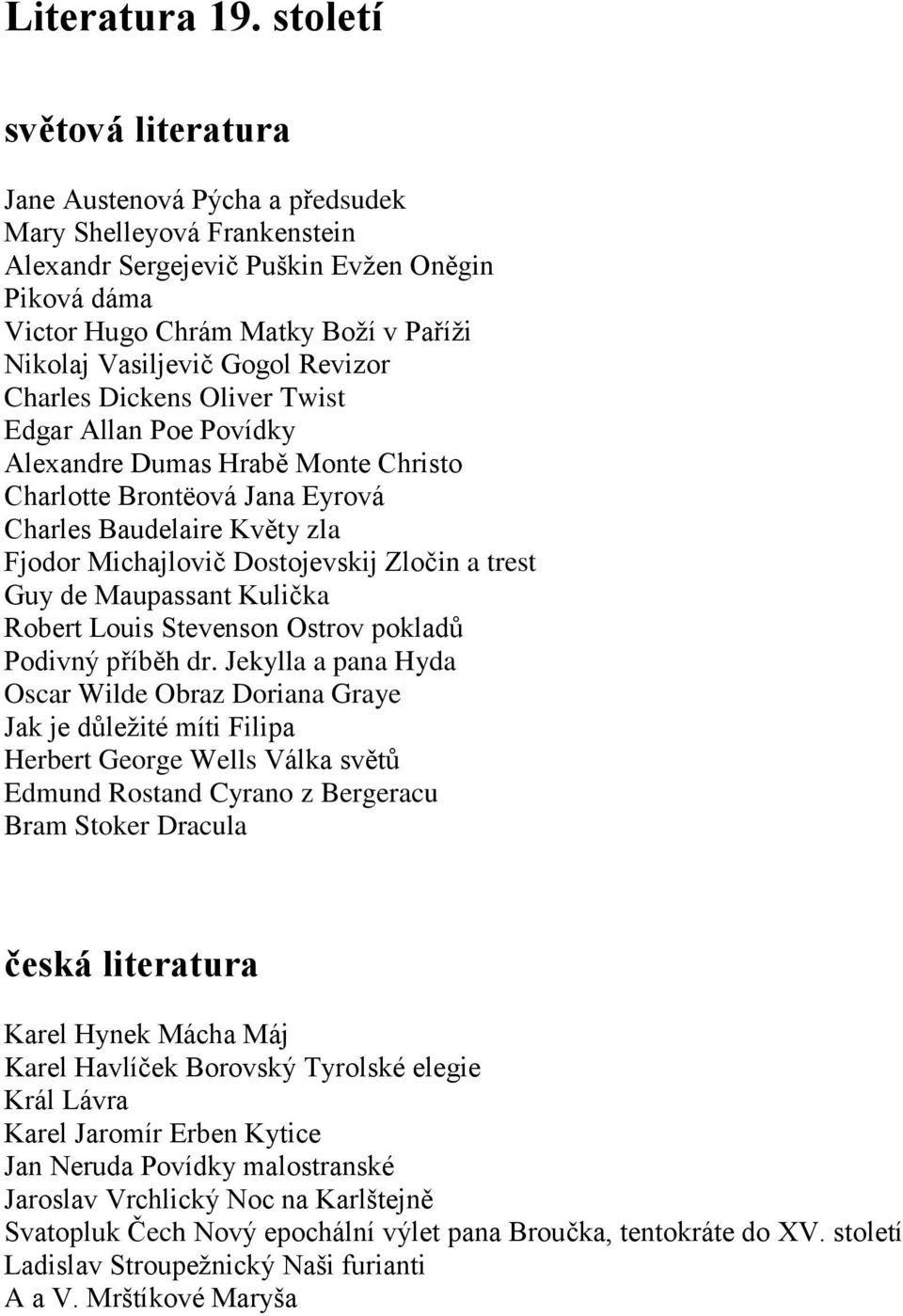 Charles Dickens Oliver Twist Edgar Allan Poe Povídky Alexandre Dumas Hrabě Monte Christo Charlotte Brontëová Jana Eyrová Charles Baudelaire Květy zla Fjodor Michajlovič Dostojevskij Zločin a trest