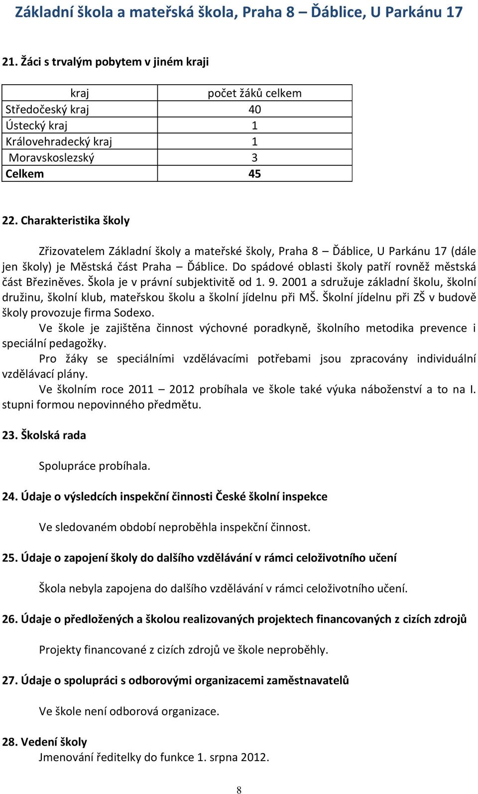 Do spádové oblasti školy patří rovněž městská část Březiněves. Škola je v právní subjektivitě od 1. 9.