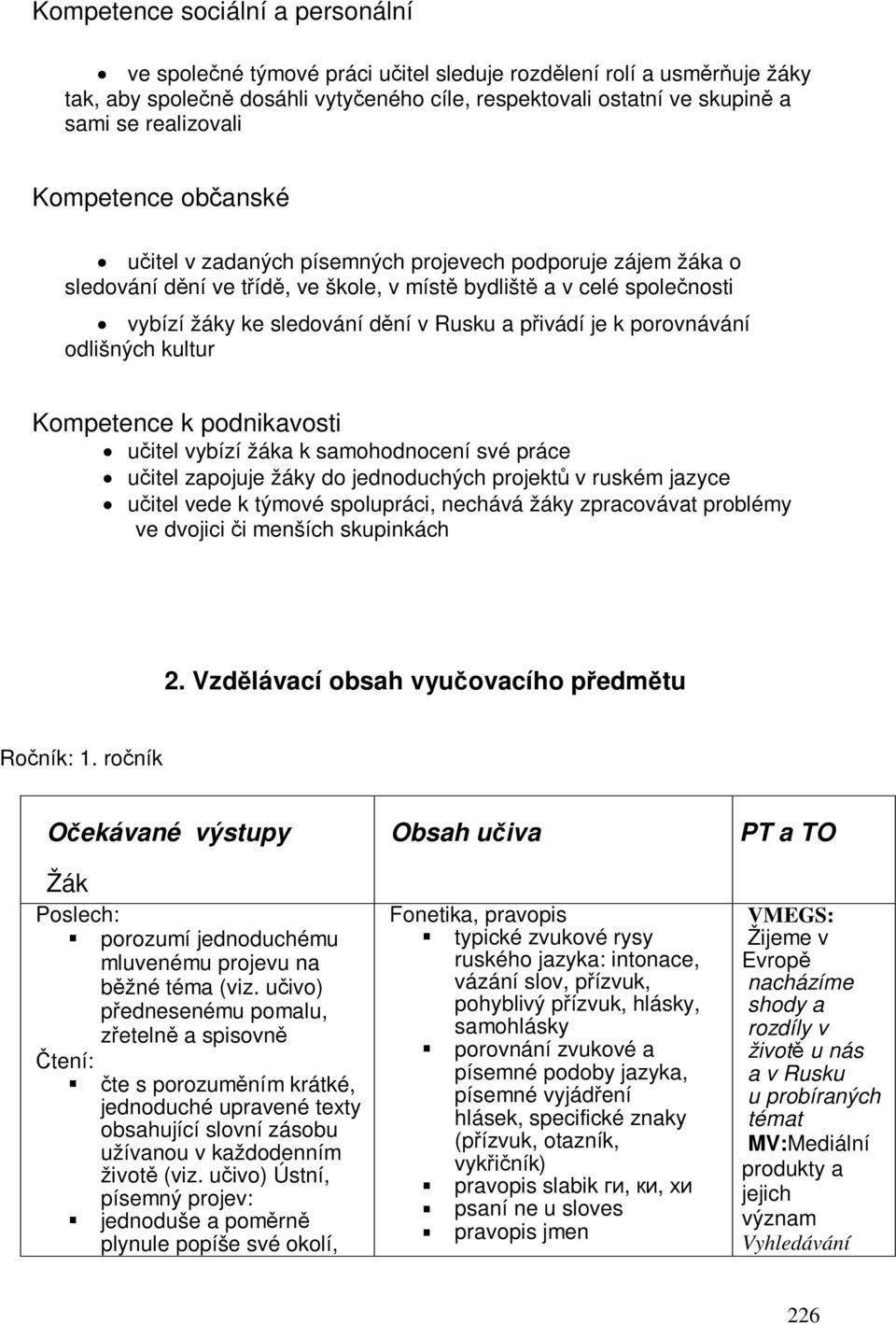 porovnávání odlišných kultur Kompetence k podnikavosti uitel vybízí žáka k samohodnocení své práce uitel zapojuje žáky do jednoduchých projekt v ruském jazyce uitel vede k týmové spolupráci nechává