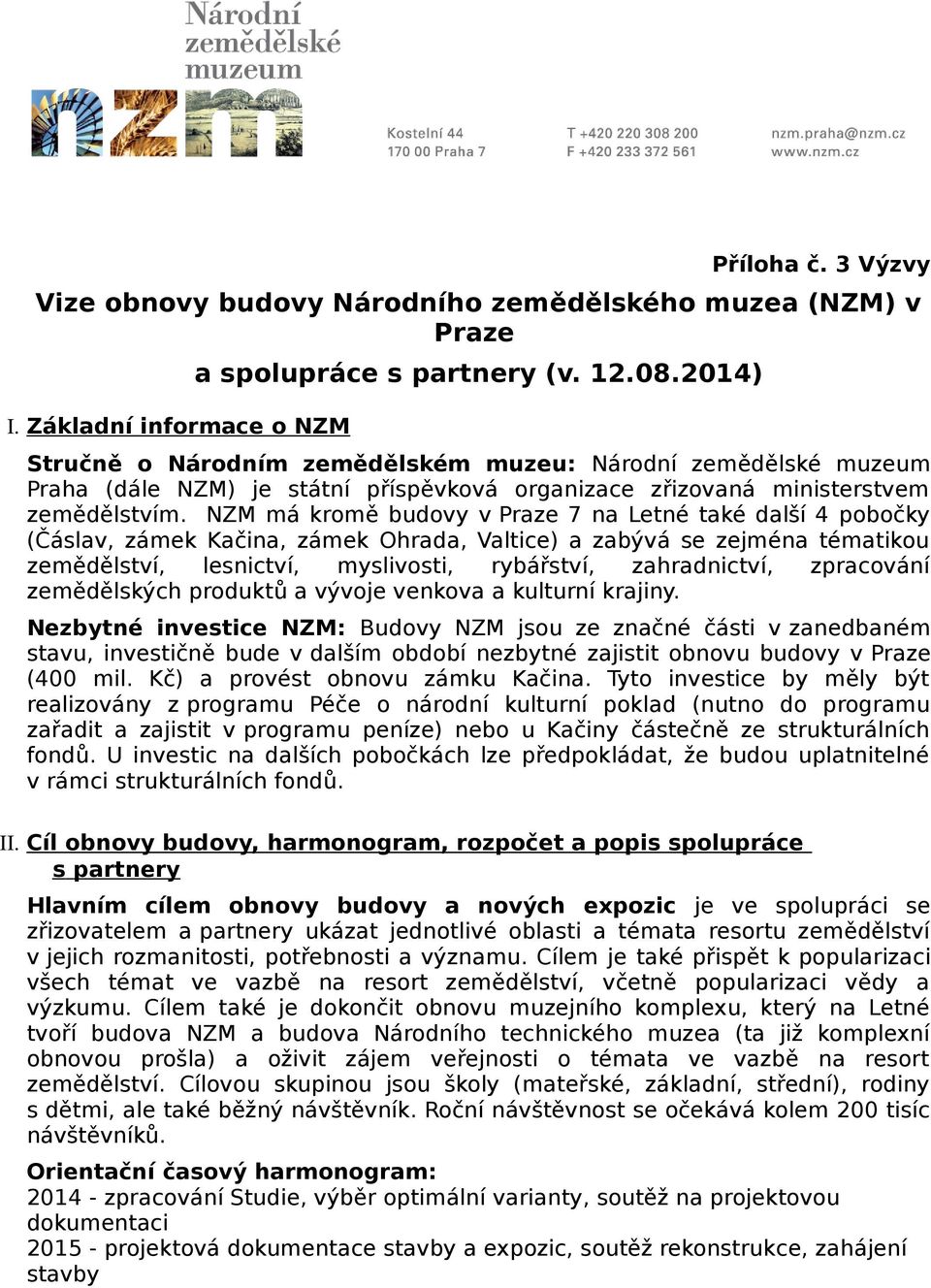 NZM má kromě budovy v Praze 7 na Letné také další 4 pobočky (Čáslav, zámek Kačina, zámek Ohrada, Valtice) a zabývá se zejména tématikou zemědělství, lesnictví, myslivosti, rybářství, zahradnictví,