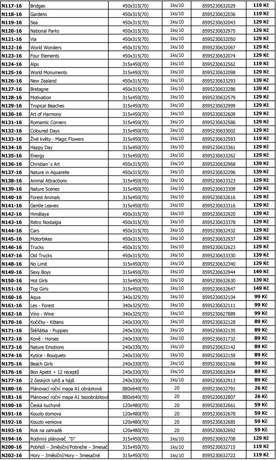 129 Kč N124-16 Alps 315x450(70) 1ks/10 8595230632562 119 Kč N125-16 World Monuments 315x450(70) 1ks/10 8595230632098 129 Kč N126-16 New Zealand 450x315(70) 1ks/10 8595230633293 139 Kč N127-16