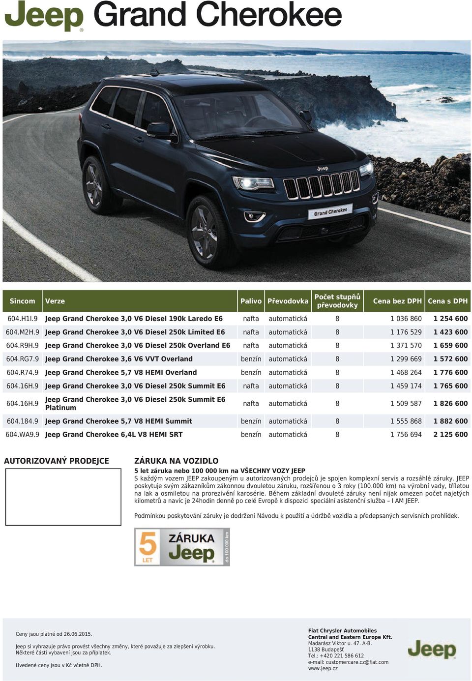 RG7.9 Jeep Grand Cherokee 3,6 V6 VVT Overland benzín automatická 8 1 299 669 1 572 600 604.R74.9 Jeep Grand Cherokee 5,7 V8 HEMI Overland benzín automatická 8 1 468 264 1 776 600 604.16H.