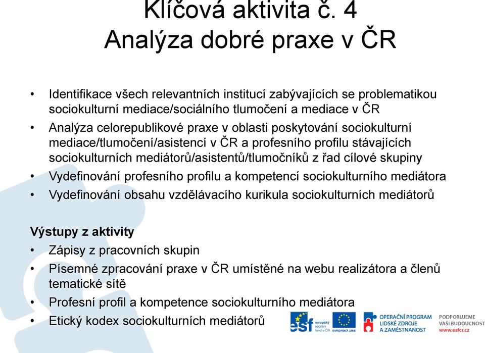 praxe v oblasti poskytování sociokulturní mediace/tlumočení/asistencí v ČR a profesního profilu stávajících sociokulturních mediátorů/asistentů/tlumočníků z řad cílové skupiny