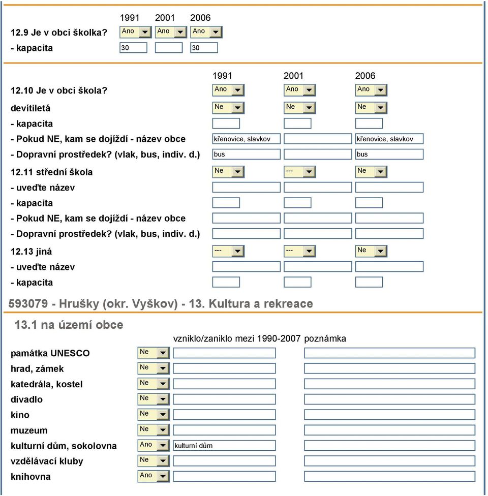 11 střední škola --- - uveďte název - kapacita - Pokud NE, kam se dojíždí - název obce - Dopravní prostředek? (vlak, bus, indiv. d.) 12.