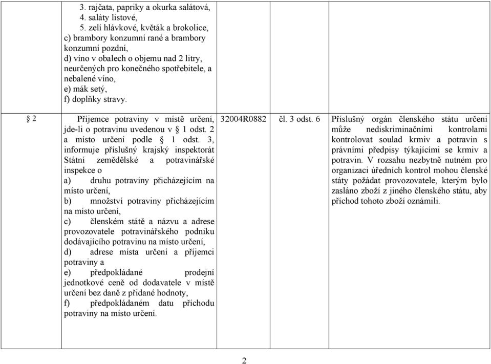 f) doplňky stravy. 2 Příjemce potraviny v místě určení, jde-li o potravinu uvedenou v 1 odst. 2 a místo určení podle 1 odst.