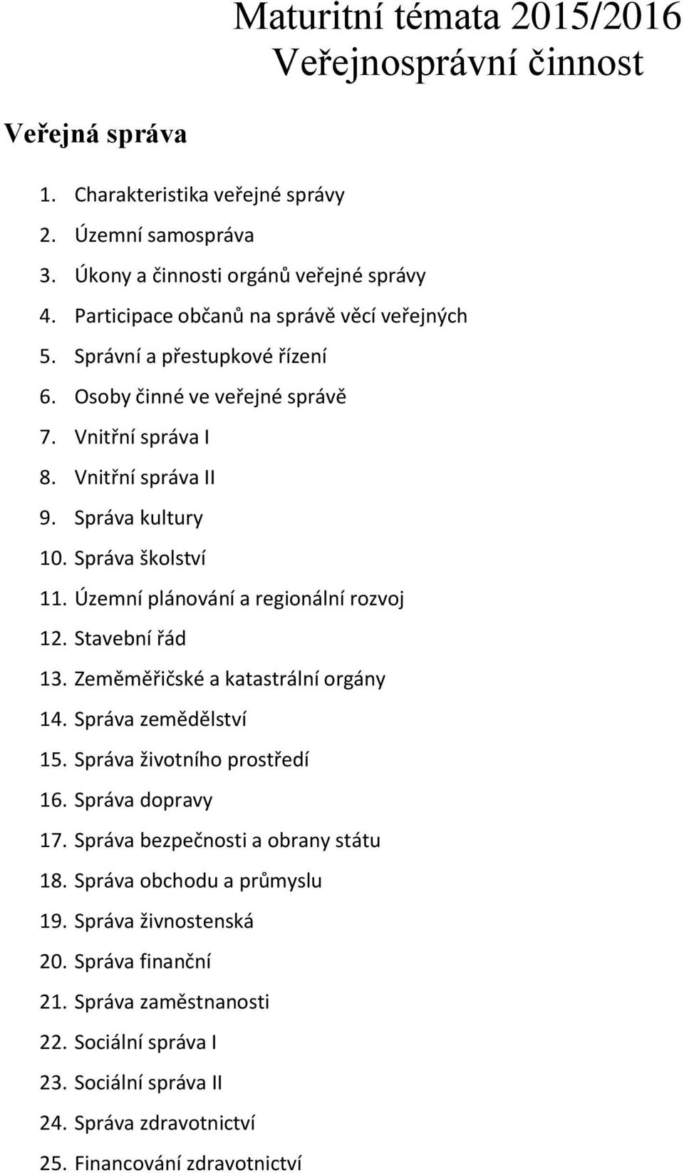 Správa školství 11. Územní plánování a regionální rozvoj 12. Stavební řád 13. Zeměměřičské a katastrální orgány 14. Správa zemědělství 15. Správa životního prostředí 16. Správa dopravy 17.