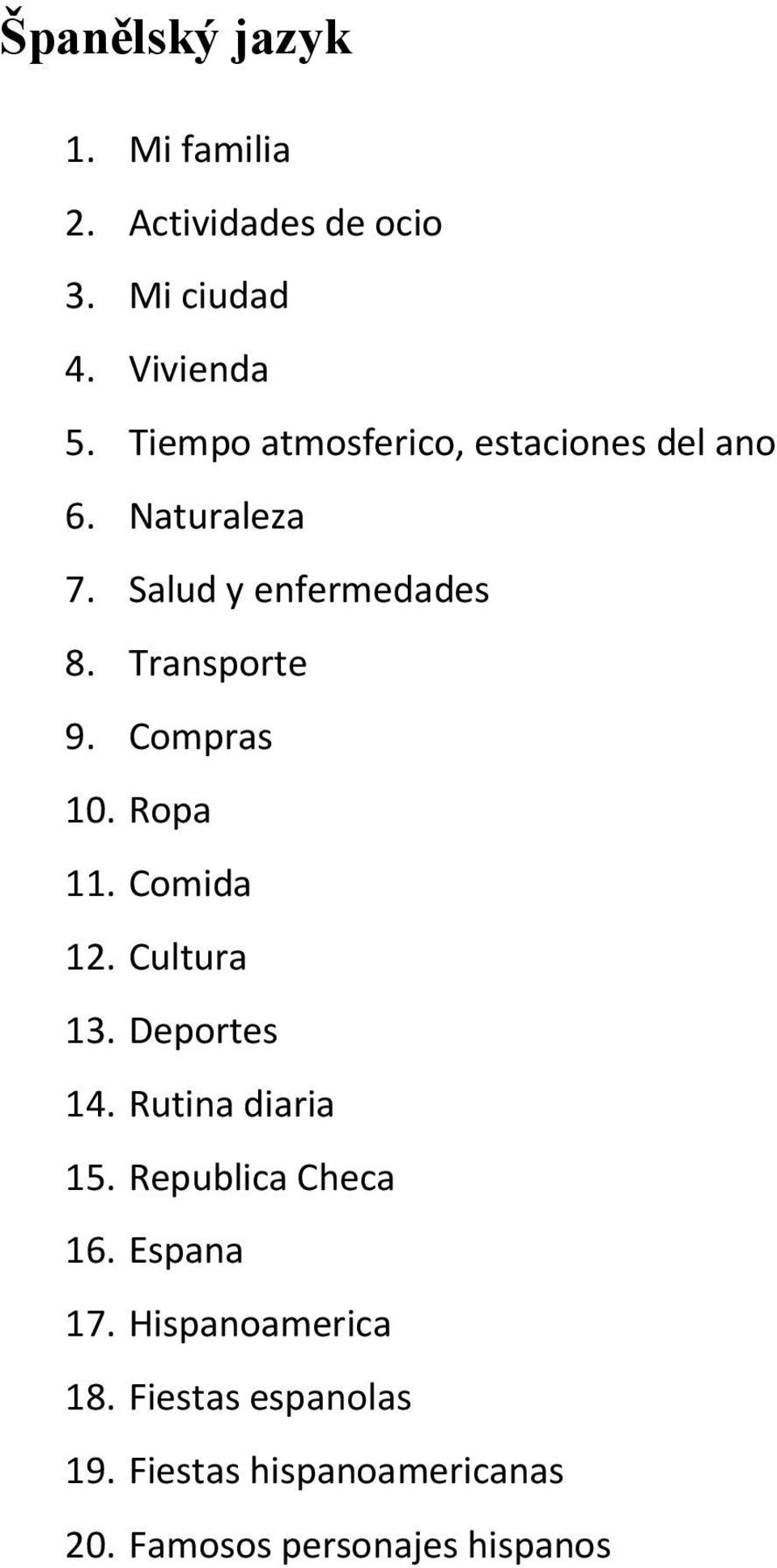 Compras 10. Ropa 11. Comida 12. Cultura 13. Deportes 14. Rutina diaria 15. Republica Checa 16.