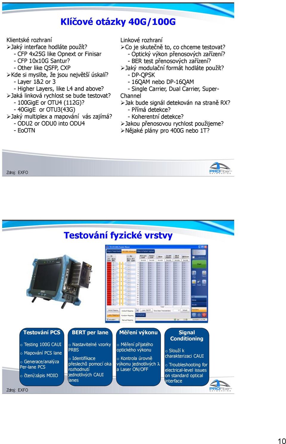 - ODU2 or ODU0 into ODU4 - EoOTN Linkové rozhraní Co je skutečně to, co chceme testovat? - Optický výkon přenosových zařízení? - BER test přenosových zařízení? Jaký modulační formát hodláte použít?