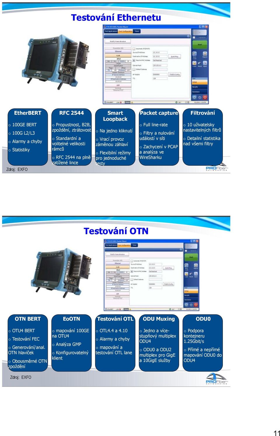 Zachycení v PCAP a analýza ve WireSharku Filtrování o 10 uživatelsky nastavitelných filtrů o Detailní statistika nad všemi filtry Testování OTN OTN BERT EoOTN Testování OTL ODU Muxing ODU0 o OTU4