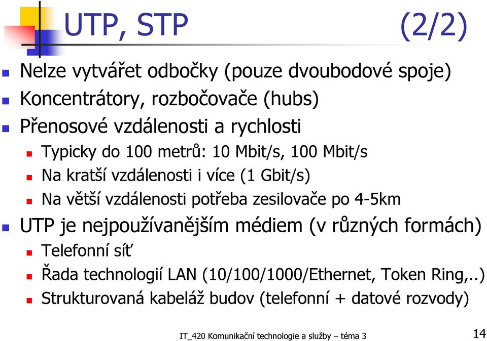 zesilovače po 4-5km UTP je nejpoužívanějším médiem (v různých formách) Telefonní síť Řada technologií LAN