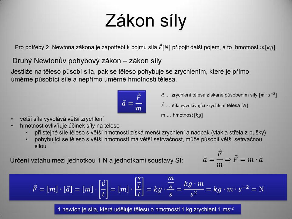 a zrychlení ělesa získané působením síly [m s 2 ] a = F m F síla vyvolávající zrychlení ělesa [N] věší síla vyvolává věší zrychlení m hmonos [kg] hmonos ovlivňuje účinek síly na ěleso při sejné síle