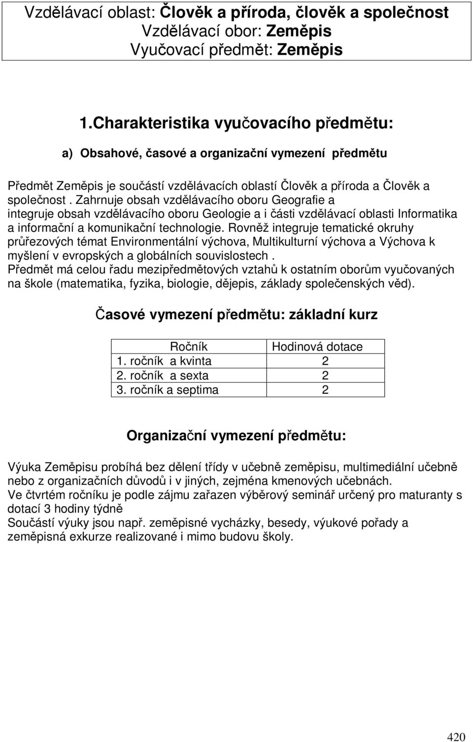 Zahrnuje obsah vzdlávacího oboru Geografie a integruje obsah vzdlávacího oboru Geologie a i ásti vzdlávací oblasti Informatika a informaní a komunikaní technologie.