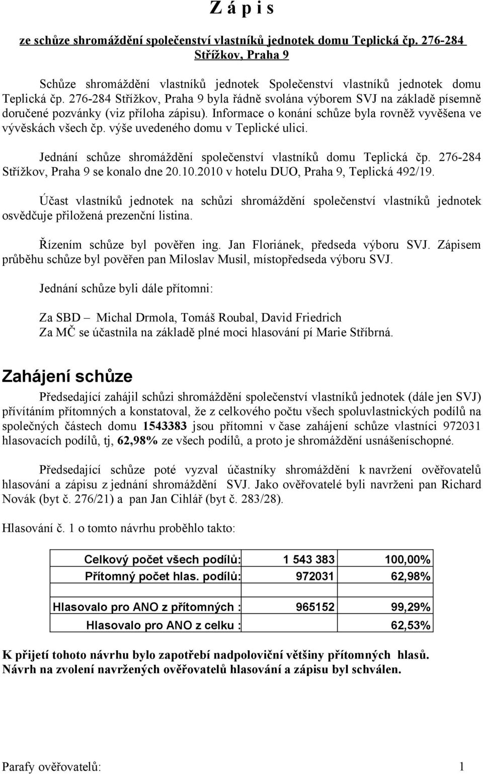 výše uvedeného domu v Teplické ulici. Jednání schůze shromáždění společenství vlastníků domu Teplická čp. 276-284 Střížkov, Praha 9 se konalo dne 20.10.2010 v hotelu DUO, Praha 9, Teplická 492/19.