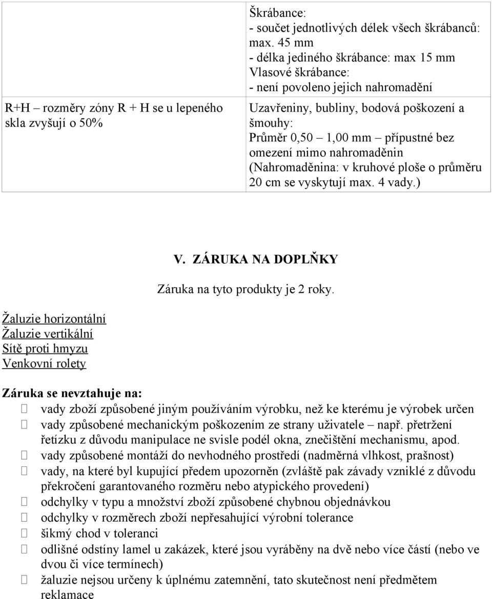 nahromaděnin (Nahromaděnina: v kruhové ploše o průměru 20 cm se vyskytují max. 4 vady.) V. ZÁRUKA NA DOPLŇKY Záruka na tyto produkty je 2 roky.