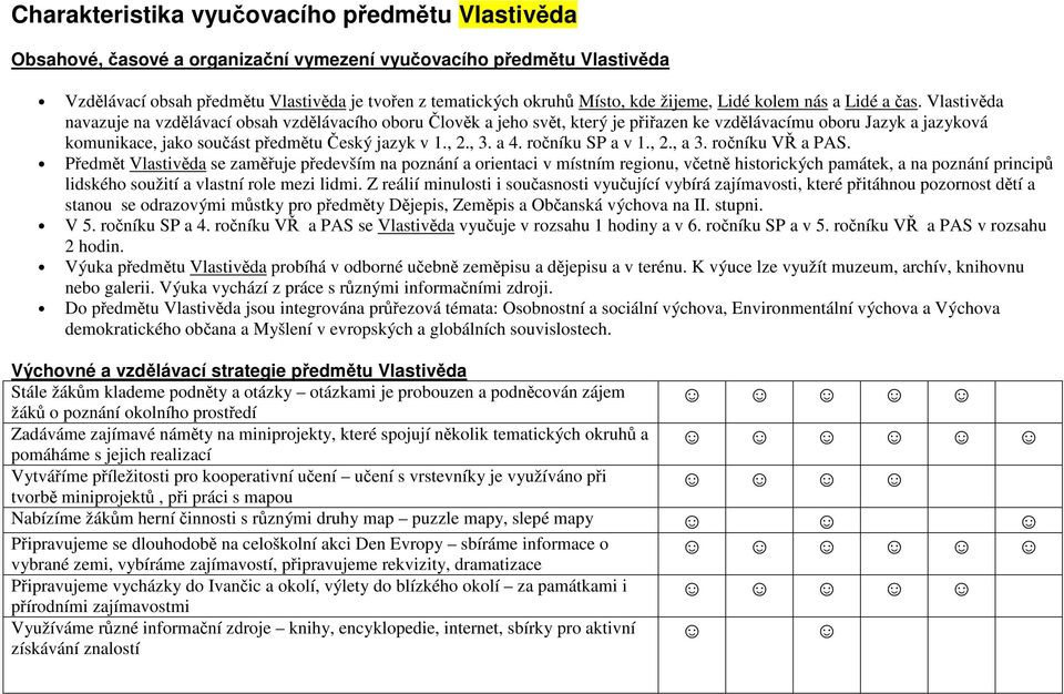 Vlastivěda navazuje na vzdělávací obsah vzdělávacího oboru Člověk a jeho svět, který je přiřazen ke vzdělávacímu oboru Jazyk a jazyková komunikace, jako součást předmětu Český jazyk v 1., 2., 3. a 4.