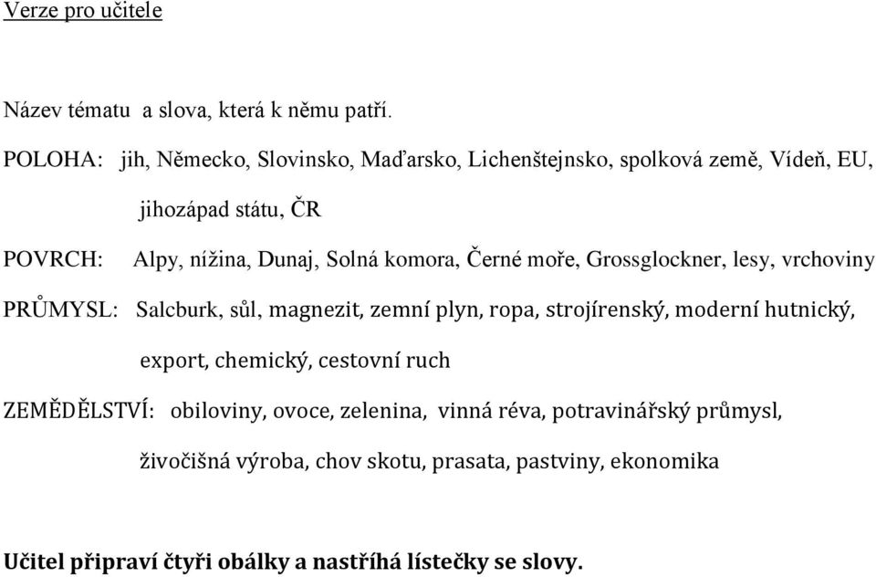 komora, Černé moře, Grossglockner, lesy, vrchoviny PRŮMYSL: Salcburk, sůl, magnezit, zemní plyn, ropa, strojírenský, moderní hutnický,