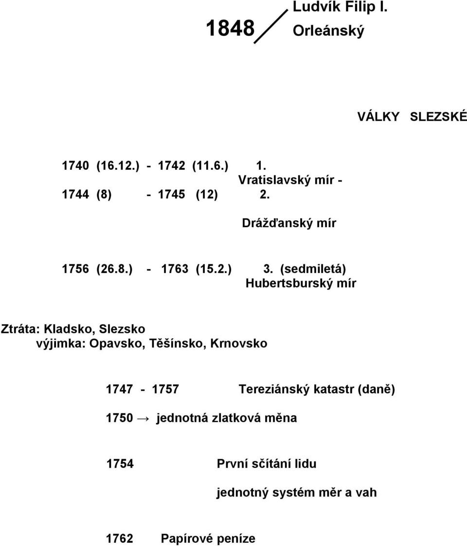 (sedmiletá) Hubertsburský mír Ztráta: Kladsko, Slezsko výjimka: Opavsko, Těšínsko, Krnovsko