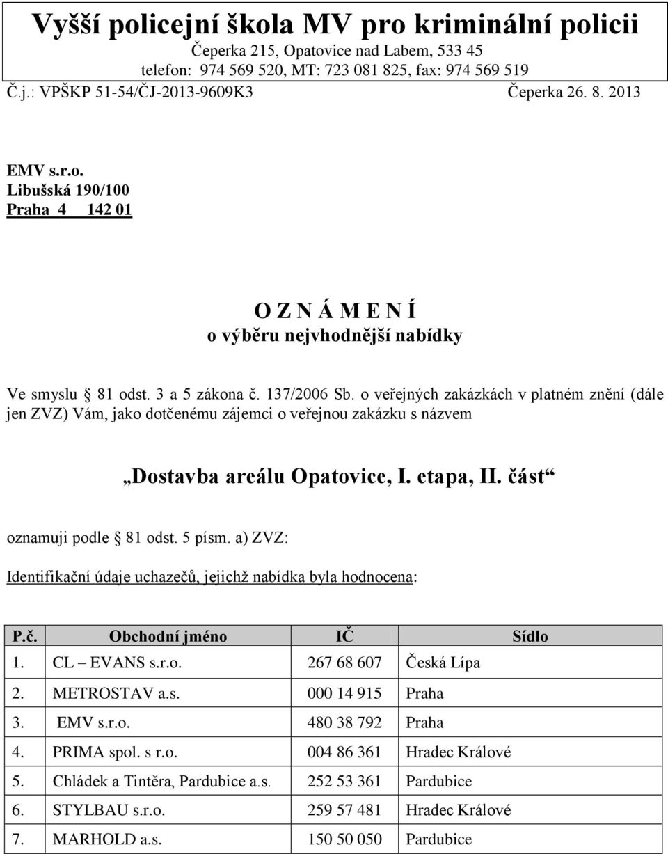 o veřejných zakázkách v platném znění (dále jen ZVZ) Vám, jako dotčenému zájemci o veřejnou zakázku s názvem Dostavba areálu Opatovice, I. etapa, II. část oznamuji podle 81 odst. 5 písm.