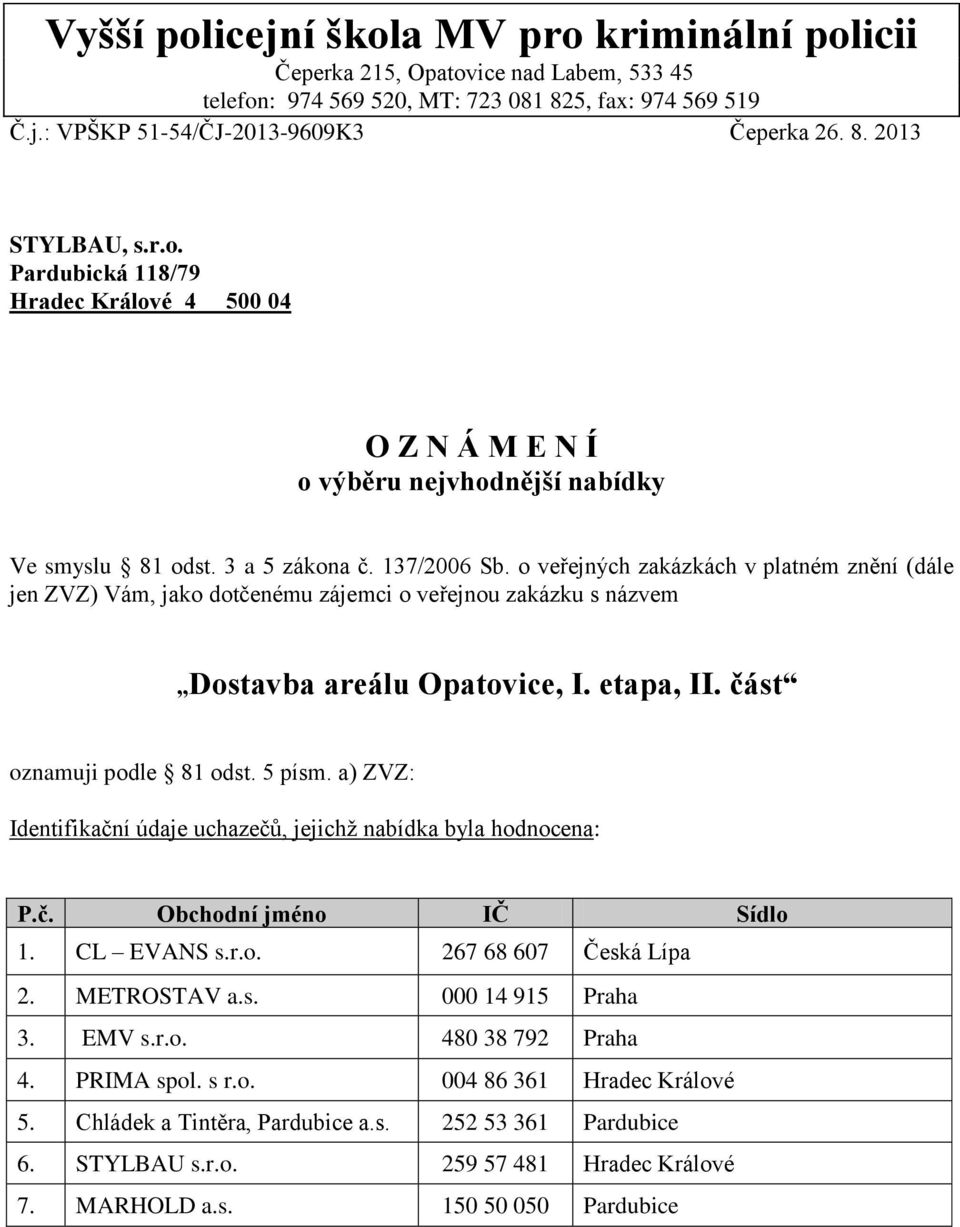 o veřejných zakázkách v platném znění (dále jen ZVZ) Vám, jako dotčenému zájemci o veřejnou zakázku s názvem Dostavba areálu Opatovice, I. etapa, II. část oznamuji podle 81 odst. 5 písm.