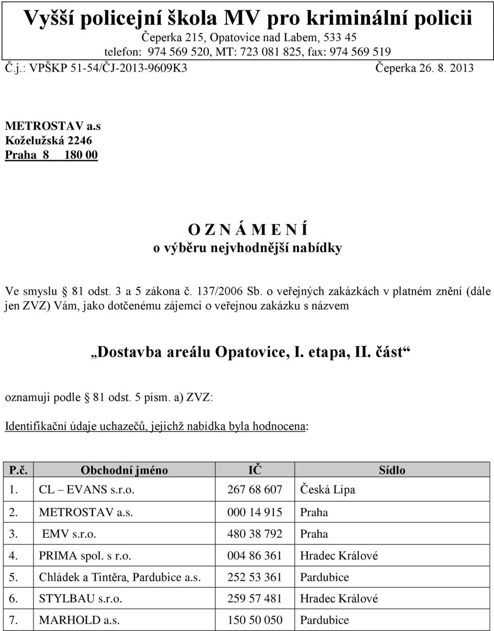 o veřejných zakázkách v platném znění (dále jen ZVZ) Vám, jako dotčenému zájemci o veřejnou zakázku s názvem Dostavba areálu Opatovice, I. etapa, II. část oznamuji podle 81 odst. 5 písm.