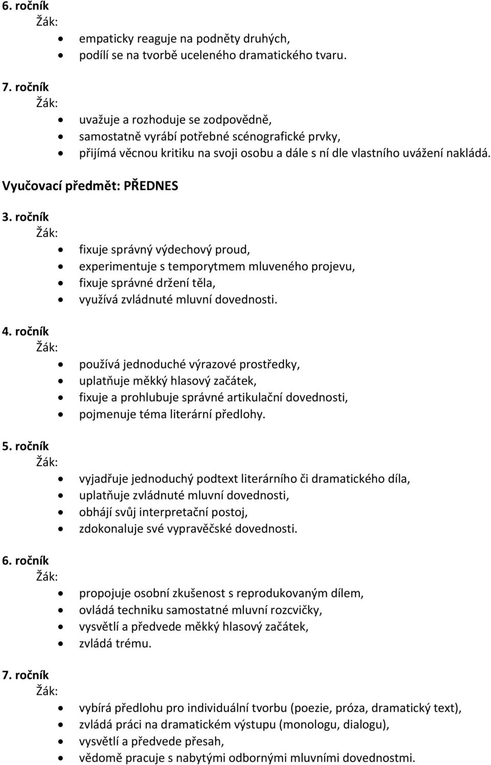 ročník 4. ročník 5. ročník 6. ročník 7. ročník fixuje správný výdechový proud, experimentuje s temporytmem mluveného projevu, fixuje správné držení těla, využívá zvládnuté mluvní dovednosti.